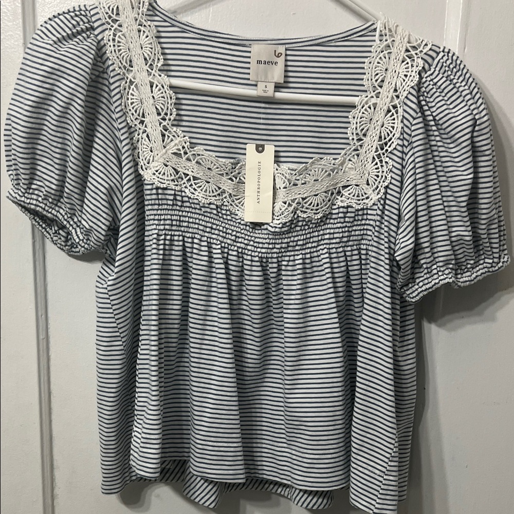 Anthropologir Maeve Striped Puff Sleeve Top - Black and White